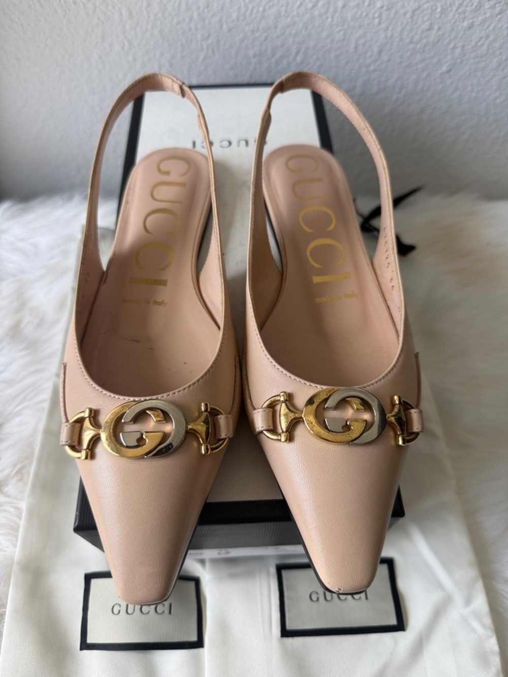 Gucci Blush Leather Pointed Slingback Mules with Gold Double G